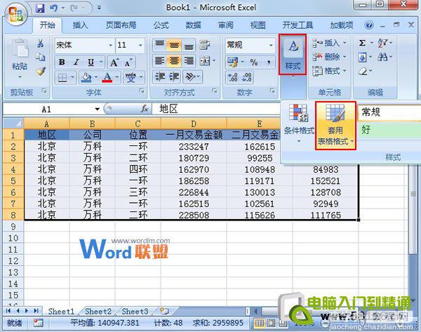 巧妙套用Excel2007表格样式快速进行数据汇总1