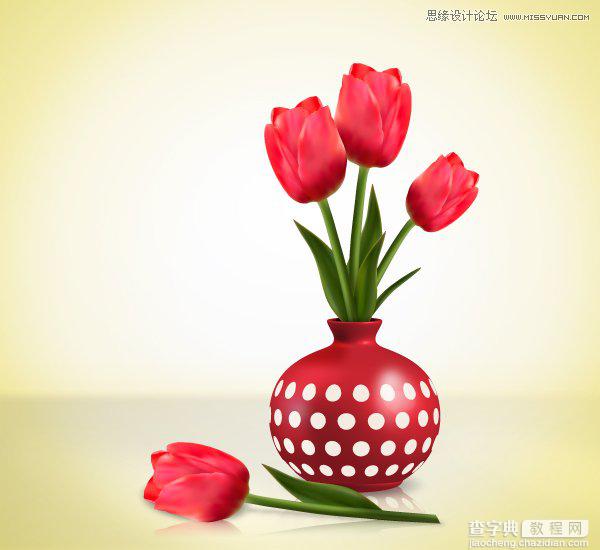 AI渐变网格绘制时尚漂亮的红玫瑰花及花瓶1