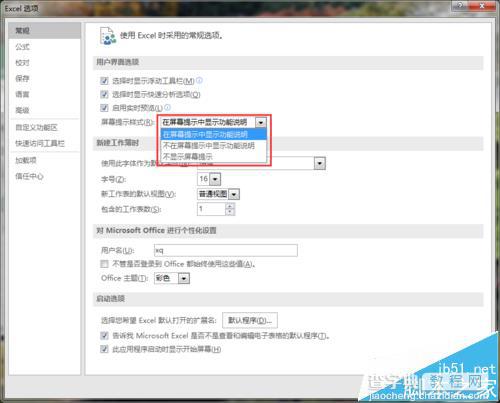 excel2016怎么开启实时预览及更改屏幕提示样式?8