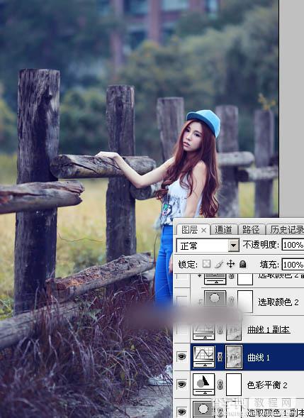 Photoshop为木桩边的美女人物加上高对比蓝黄色效果教程17