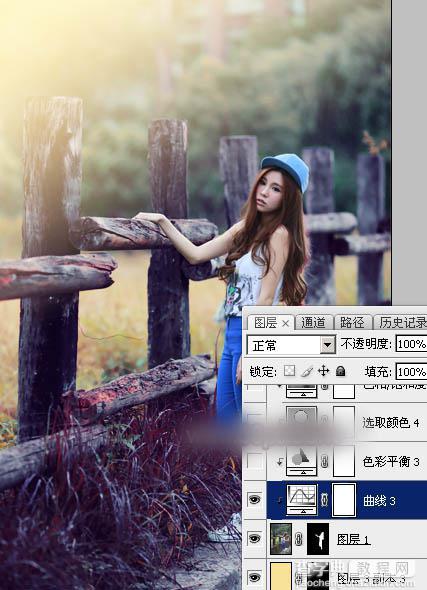Photoshop为木桩边的美女人物加上高对比蓝黄色效果教程41