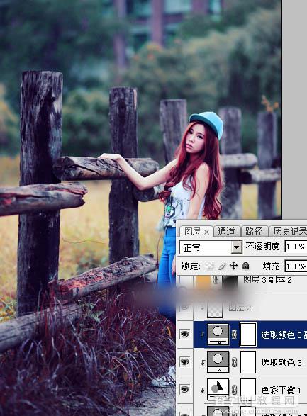 Photoshop为木桩边的美女人物加上高对比蓝黄色效果教程33