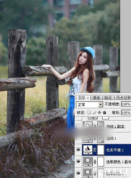 Photoshop为木桩边的美女人物加上高对比蓝黄色效果教程13