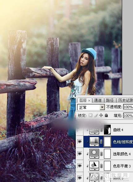 Photoshop为木桩边的美女人物加上高对比蓝黄色效果教程51