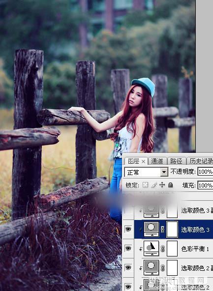 Photoshop为木桩边的美女人物加上高对比蓝黄色效果教程32