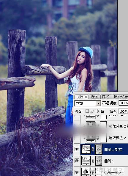 Photoshop为木桩边的美女人物加上高对比蓝黄色效果教程18