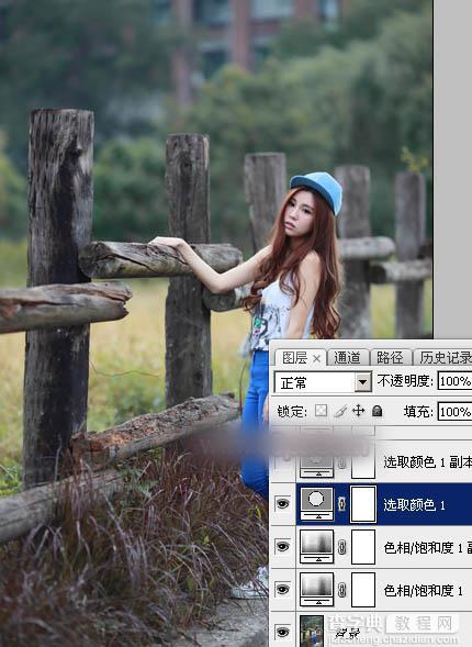 Photoshop为木桩边的美女人物加上高对比蓝黄色效果教程10