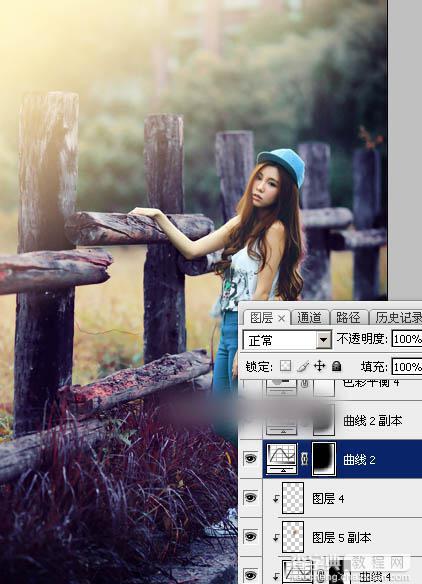 Photoshop为木桩边的美女人物加上高对比蓝黄色效果教程56