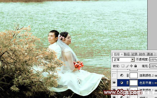 Photoshop将河景婚片打造出秋天风味的漂亮青黄色16