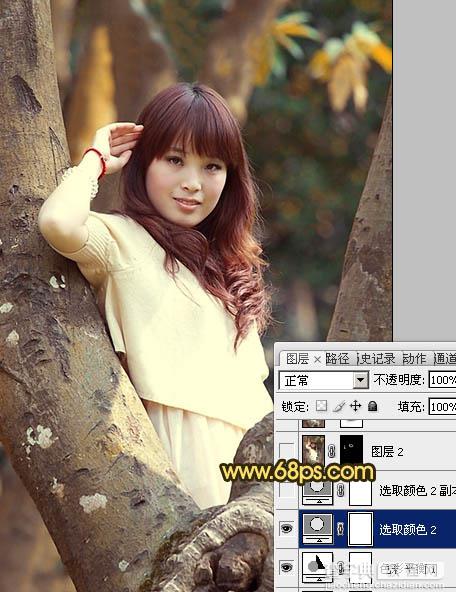 Photoshop将树林写真人物图片调制出柔美的红褐色效果15