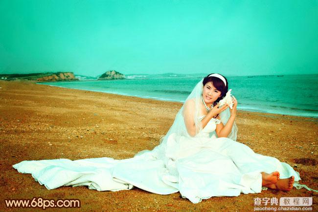 Photoshop将沙滩美女婚片调制出柔美的青黄色效果2