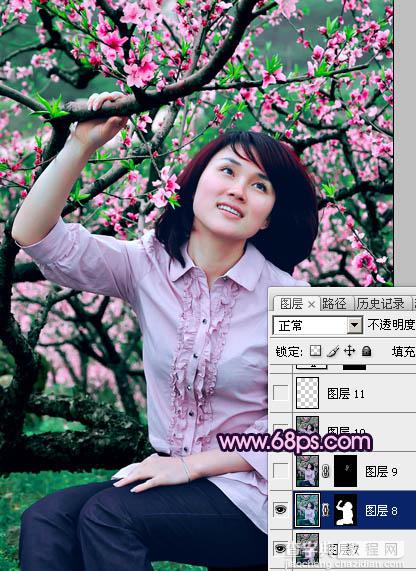 Photoshop将春季外景人物图片调成甜美的桃花色27