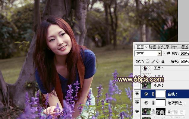 Photoshop将树林美女图片调成温馨的黄紫色10