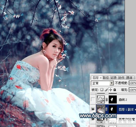 Photoshop为外景美女图片调制出甜美的古典暗青色21