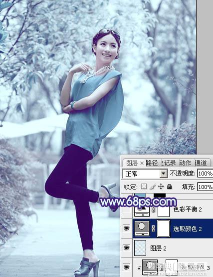 Photoshop将外景美女调制出有冬天特色的淡雅的淡蓝色35