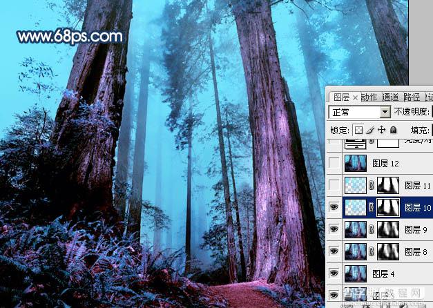 Photoshop制作暗调蓝紫色的森林图片30