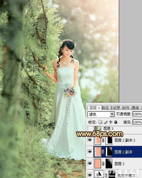 Photoshop将树林美女图片调制出甜美的粉绿色效果33