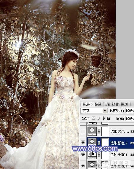 Photoshop将树林人物图片调制出流行的蓝紫色效果18