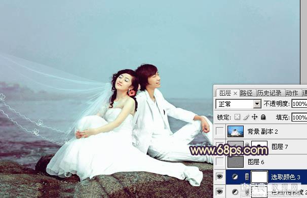 Photoshop将蓝色海景婚片调制出淡雅的青紫色效果29