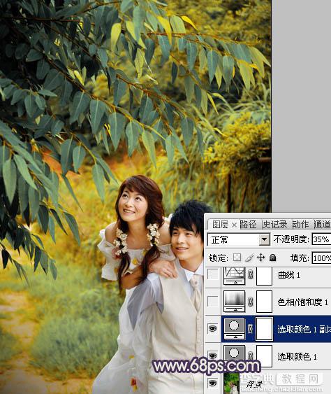 Photoshop下将树林婚片调成淡雅的中性黄青色6
