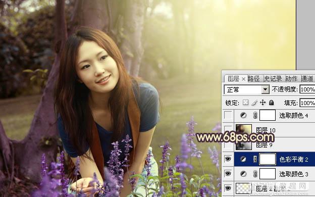 Photoshop将树林美女图片调成温馨的黄紫色26