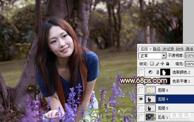 Photoshop将树林美女图片调成温馨的黄紫色11