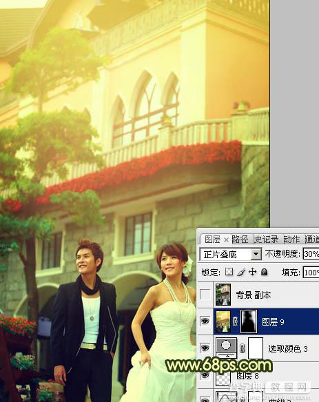 Photoshop将建筑婚片调成温馨的朝霞色32