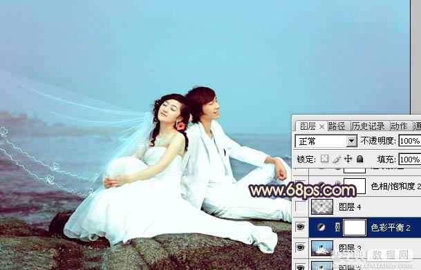 Photoshop将蓝色海景婚片调制出淡雅的青紫色效果23