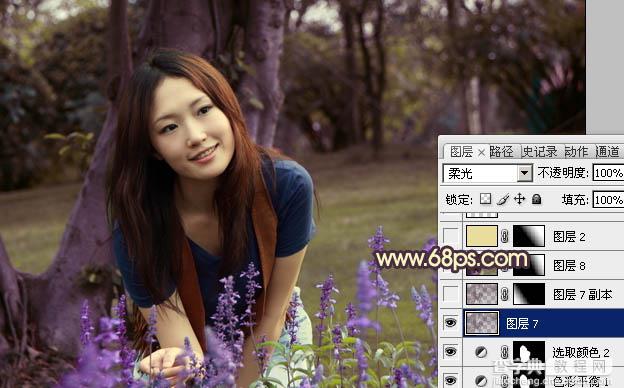 Photoshop将树林美女图片调成温馨的黄紫色17