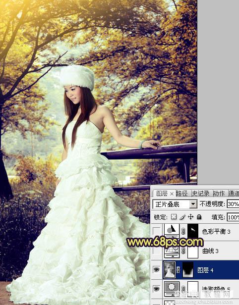 Photoshop将树林美女婚片调制成梦幻的黄蓝色34