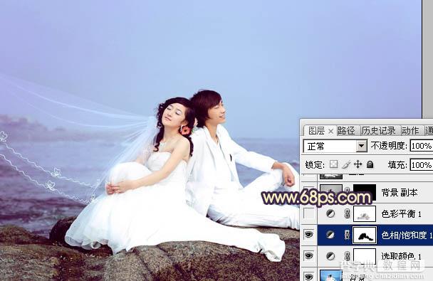 Photoshop将蓝色海景婚片调制出淡雅的青紫色效果10