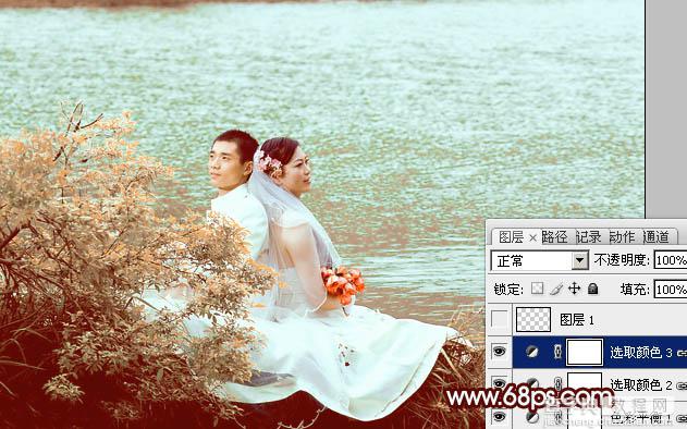 Photoshop将河景婚片打造出秋天风味的漂亮青黄色22