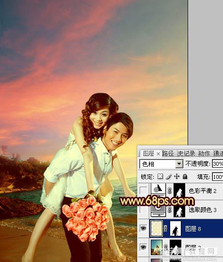Photoshop将蓝色海景婚片调制成漂亮的晚霞阳光效果32
