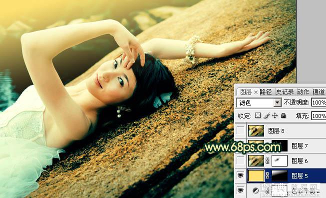 Photoshop将石壁上的美女图片调制成漂亮的黄青色效果28
