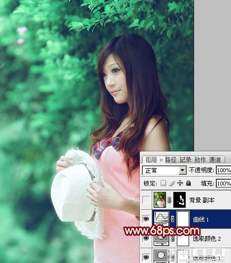 Photoshop将树林美女图片调成甜美的青绿色15