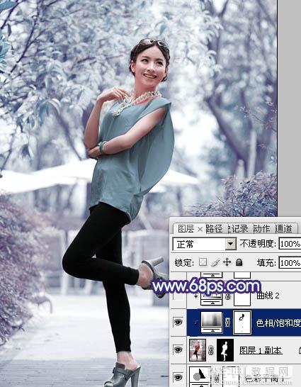 Photoshop将外景美女调制出有冬天特色的淡雅的淡蓝色19