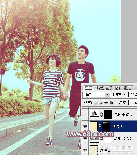 Photoshop为马路上奔跑的情侣图片调制出清爽的青黄色28