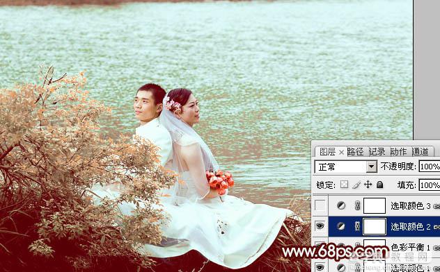Photoshop将河景婚片打造出秋天风味的漂亮青黄色19