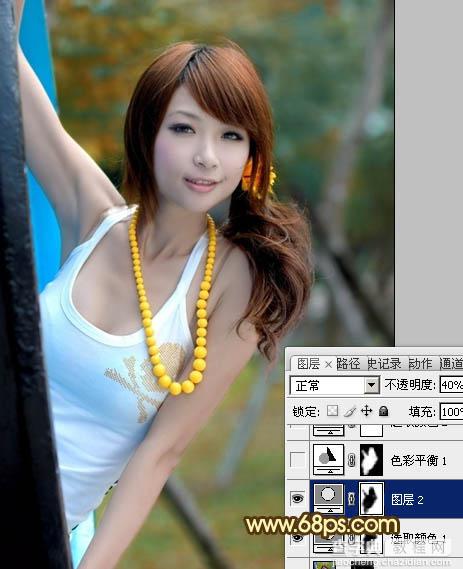 Photoshop将公园美女图片调制出甜美的青红色效果8