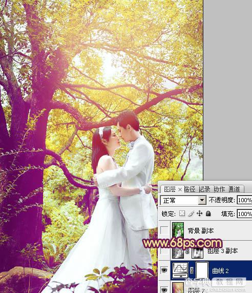 Photoshop将树林婚片增加上柔美的黄紫色效果28