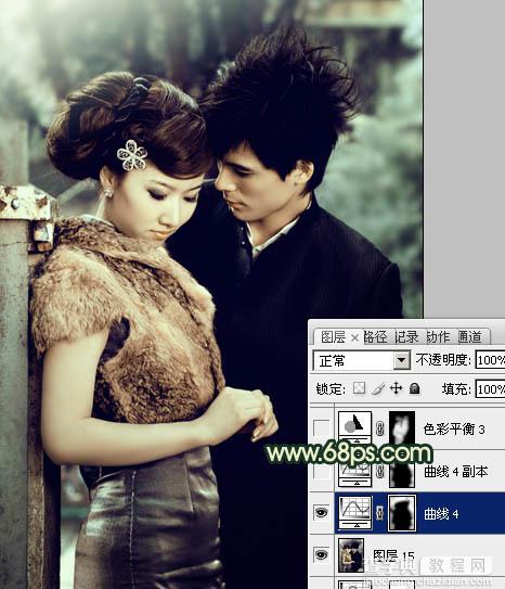 Photoshop给外景情侣图片调制出古典青黄色效果31