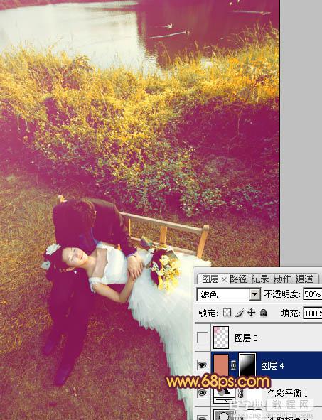 Photoshop为池塘边情侣图片增加上温暖的霞光色效果21