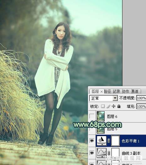 Photoshop给为绿荫中的人物图片调制出韩系淡青色效果29