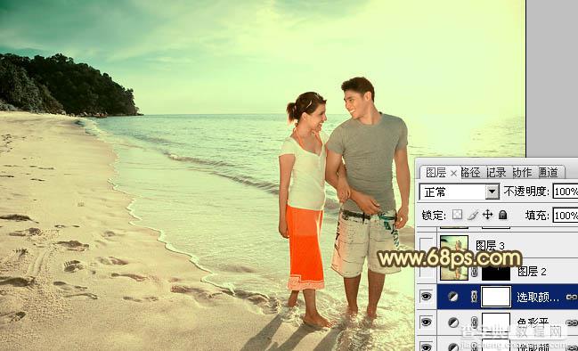 Photoshop将海滩情侣图片调成温馨的暖色调效果20