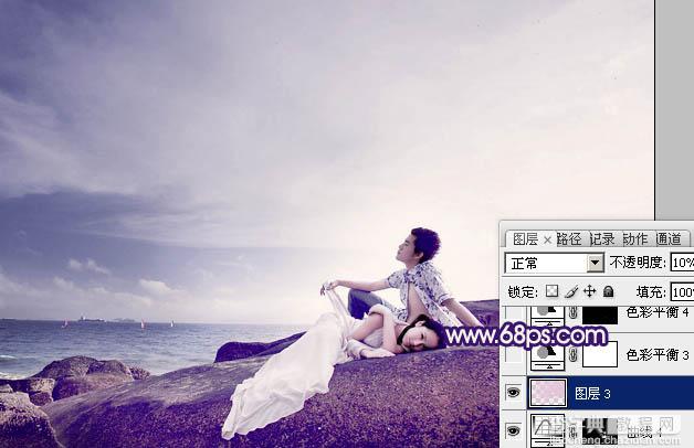Photoshop制作经典蓝紫色海景婚片28