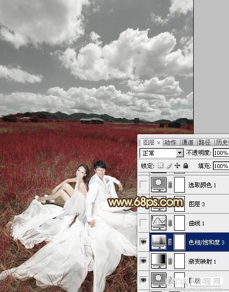 Photoshop制作暗红色草原婚片14