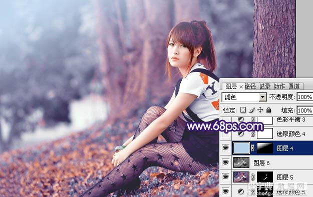 Photoshop将树林人物图片增加上古典暗调蓝红色29