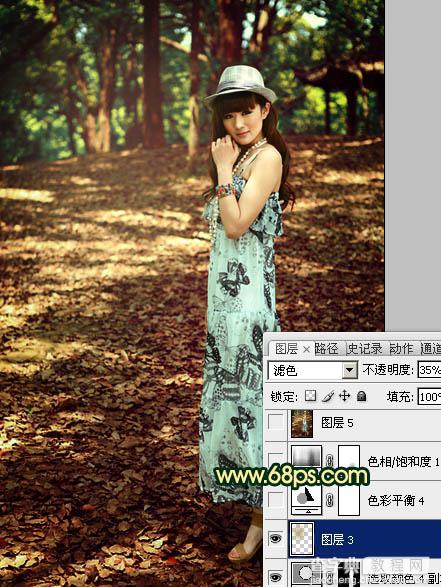 Photoshop将树林美女图片调成柔和的暗调红青色33
