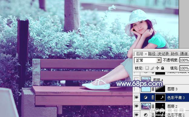 Photoshop将公园美女图片调制出梦幻唯美的淡调青紫色36