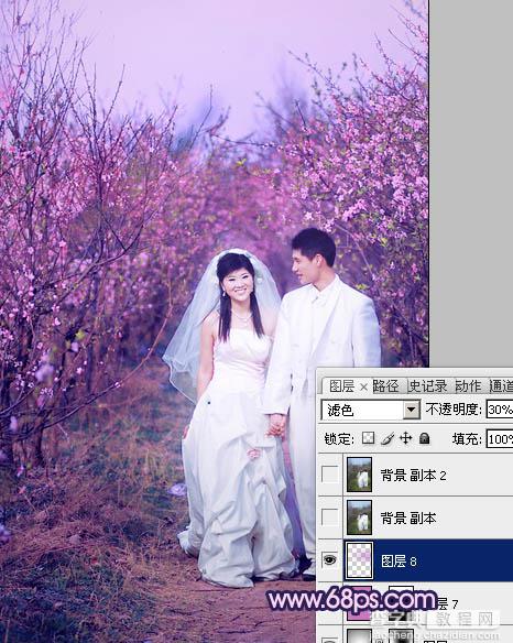 Photoshop将桃林婚片调成艳丽的紫红色30